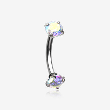 Prong Set Gem Sparkles Internally Threaded Curved Barbell-Aurora Borealis